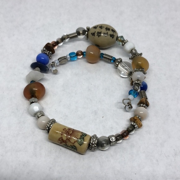 ARTISAN handmade Asian ceramic beads memory coil bracelet boho layering - Picture 3 of 8